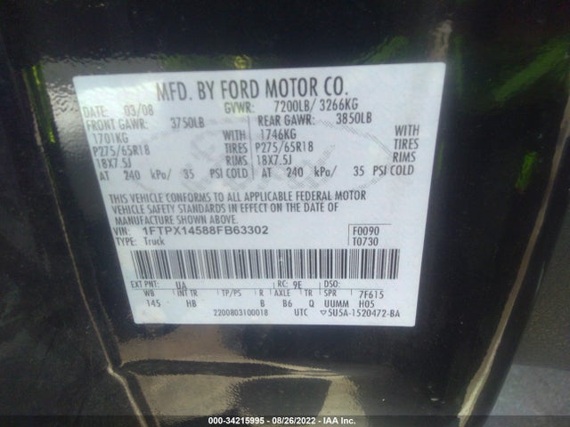 2008 FORD F-150 XLT/FX4/LARIAT/XL VIN: 1FTPX14588FB63302