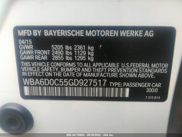 2016 BMW 6 Series, VIN: WBA6D0C55GD927517