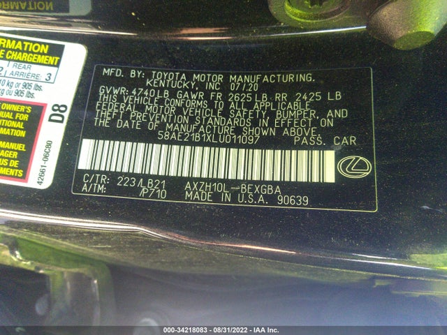 2020 Lexus ES, VIN: 58AE21B1XLU011097