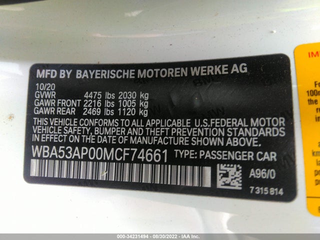2021 BMW 4 Series, VIN: WBA53AP00MCF74661