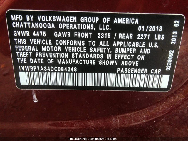 Volkswagen Passat Se W/sunroof 2013 1VWBP7A34DC084248 Image 9