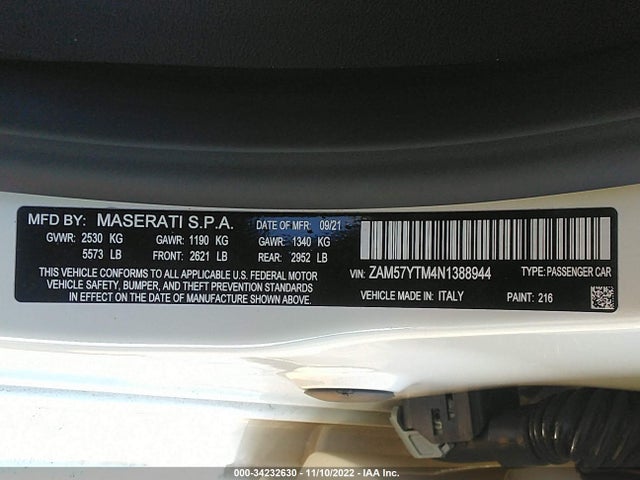 2022 Maserati Ghibli, VIN: ZAM57YTM4N1388944