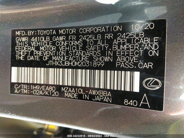 2021 Lexus UX, VIN: JTHX3JBH0M2031899