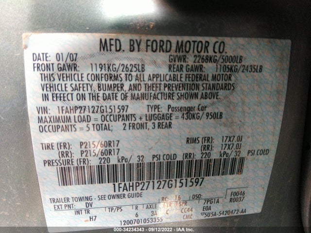 2007 FORD FIVE HUNDRED SEL VIN: 1FAHP27127G151597