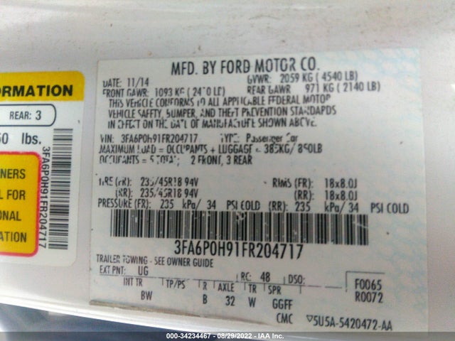Ford FUSION SE 2015 3FA6P0H91FR204717 Image 9