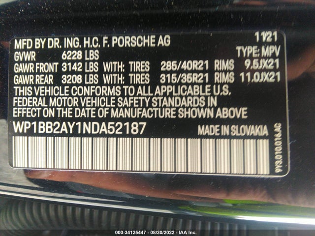 2022 Porsche Cayenne, VIN: WP1BB2AY1NDA52187