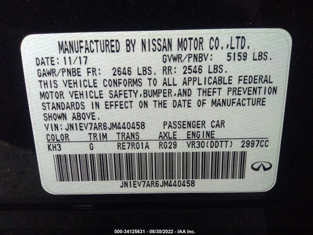 34125631 :رقم المزاد ، JN1EV7AR6JM440458 vin ، 2018 Infiniti Q50 3.0t Luxe مزاد بيع