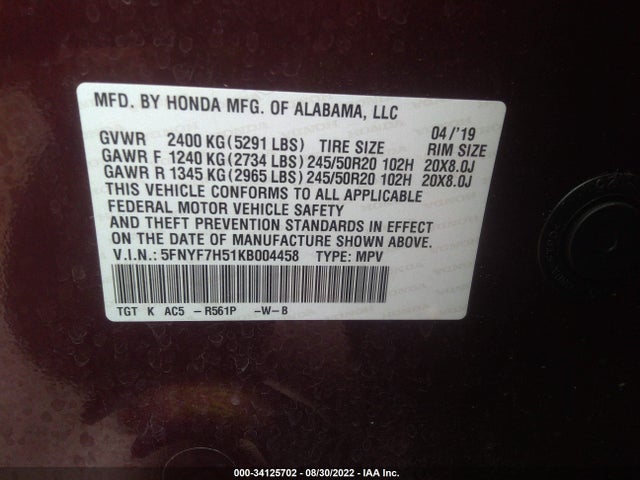 2019 Honda Passport, VIN: 5FNYF7H51KB004458