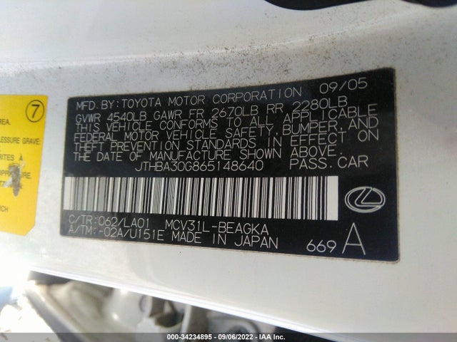 2006 LEXUS ES 330 VIN: JTHBA30G865148640