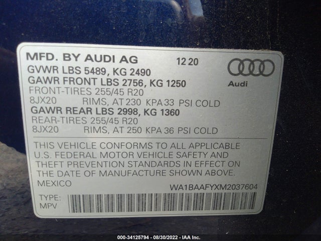 2021 Audi Q5, VIN: WA1BAAFYXM2037604