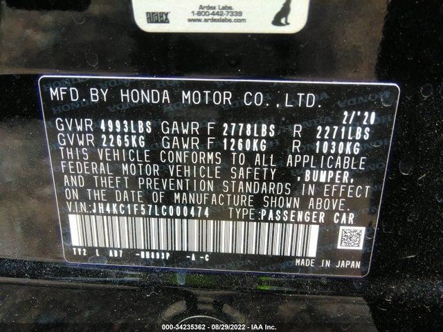 2020 Acura RLX, VIN: JH4KC1F57LC000474
