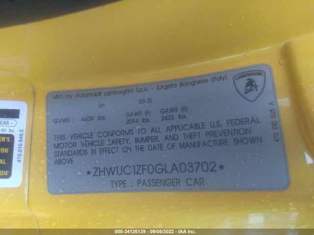 2016 Lamborghini Huracan, VIN: ZHWUC1ZF0GLA03702