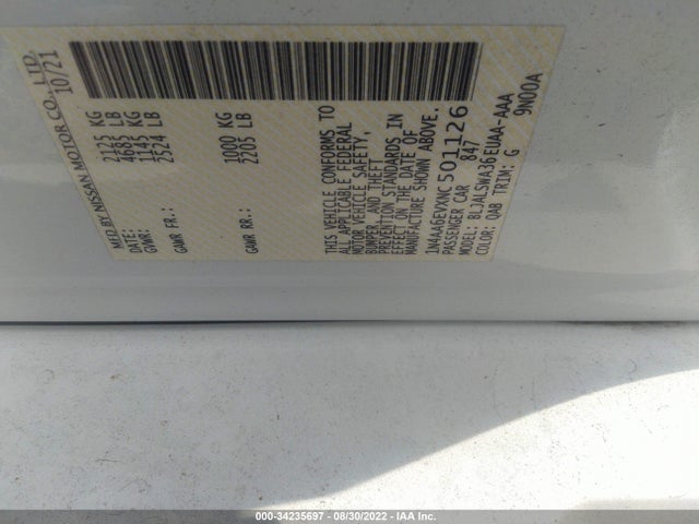 2022 Nissan Maxima, VIN: 1N4AA6EVXNC501126