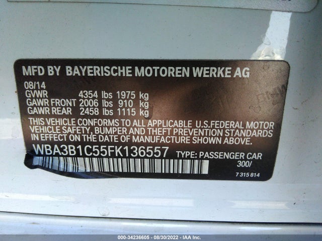 2015 BMW 3 Series, VIN: WBA3B1C55FK136557