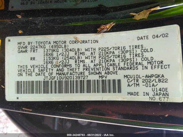 JTJGF10U920139727 Lexus RX 300