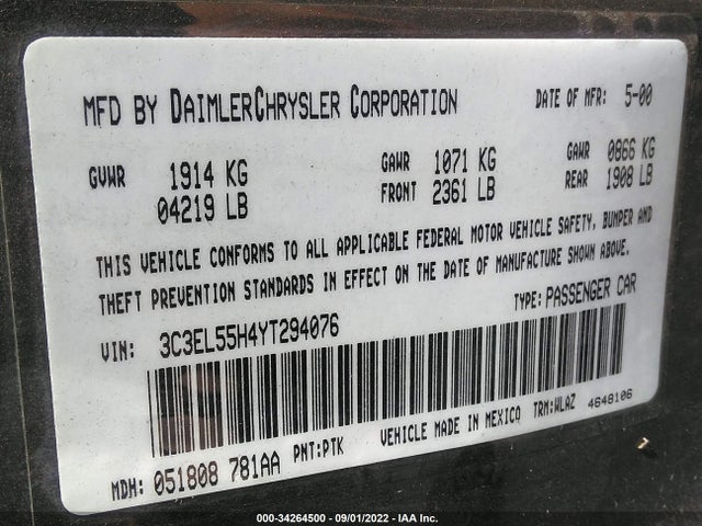 3C3EL55H4YT294076 Chrysler Sebring Jxi