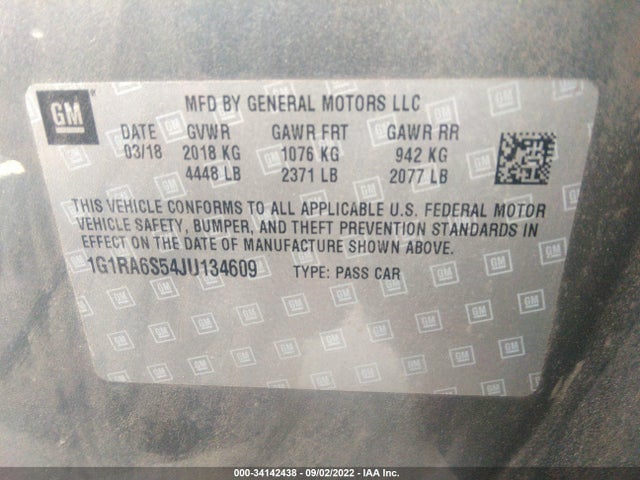 2018 Chevrolet Volt, VIN: 1G1RA6S54JU134609