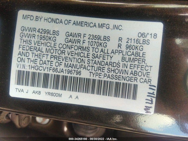 2018 Honda Accord, VIN: 1HGCV1F66JA196796