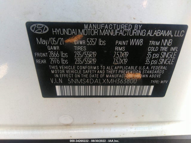 2021 HYUNDAI SANTA FE LIMITED VIN: 5NMS4DALXMH363800