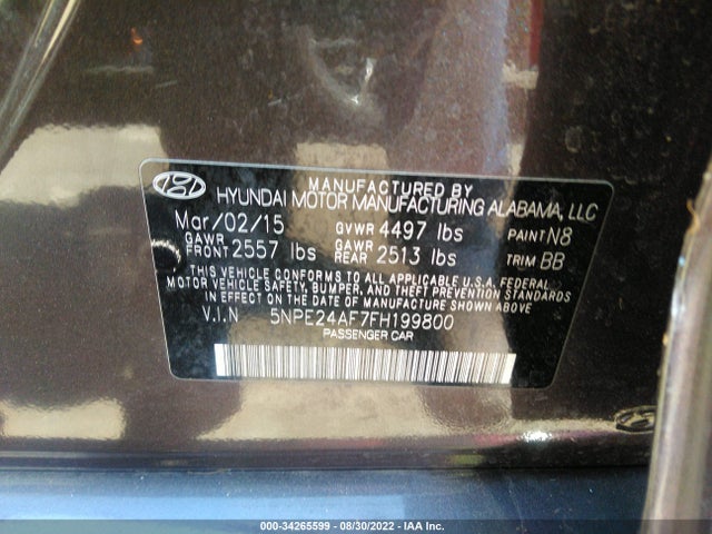Hyundai Sonata 2.4l Se 2015 5NPE24AF7FH199800 Image 9