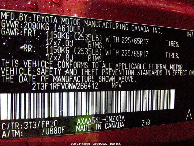 2022 Toyota RAV4, VIN: 2T3F1RFV0NW266412