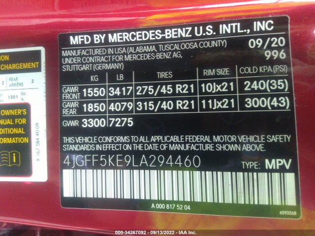 2020 Mercedes-Benz GLS-Class, VIN: 4JGFF5KE9LA294460