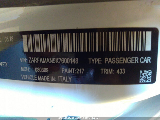 2019 Alfa Romeo Giulia, VIN: ZARFAMAN5K7600148