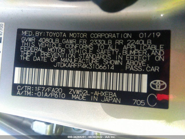 2019 Toyota Prius, VIN: JTDKARFP4K3106614