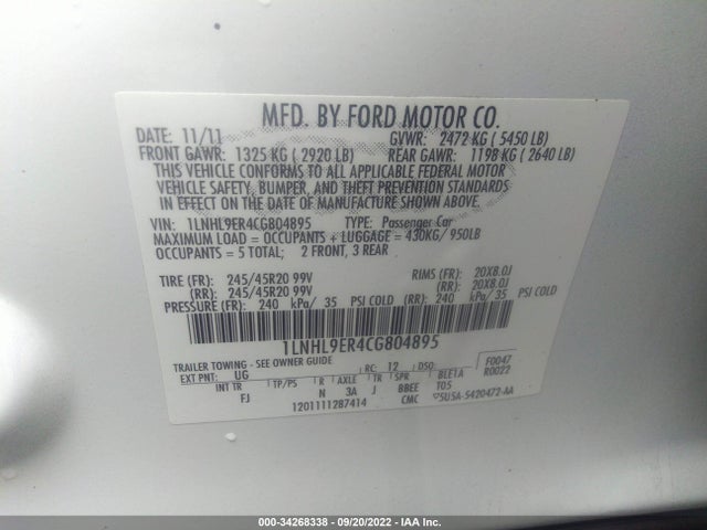 Lincoln MKS 2012 1LNHL9ER4CG804895 Image 9