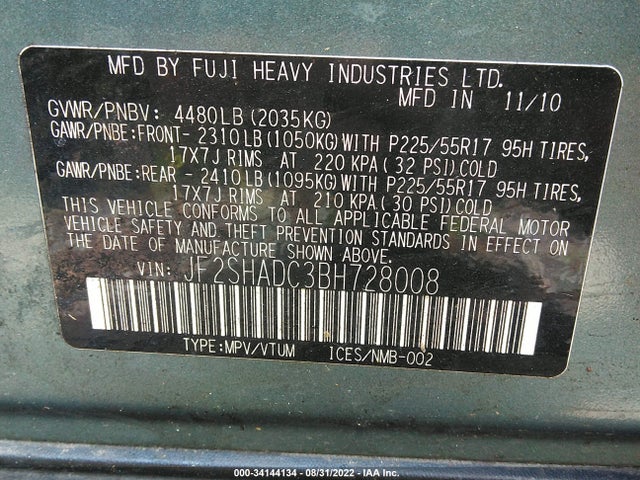 2011 SUBARU FORESTER 2.5X PREMIUM VIN: JF2SHADC3BH728008