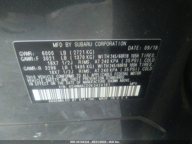 2019 SUBARU ASCENT PREMIUM VIN: 4S4WMACD0K3424181