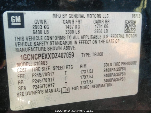 2013 CHEVROLET SILVERADO 1500 WORK TRUCK VIN: 1GCNCPEXXDZ407059