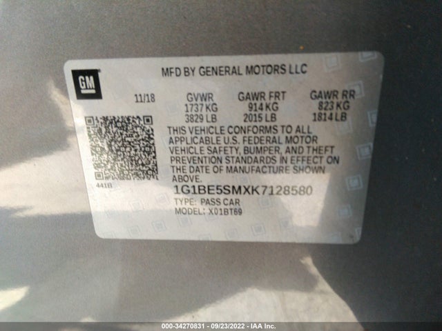 2019 Chevrolet Cruze, VIN: 1G1BE5SMXK7128580