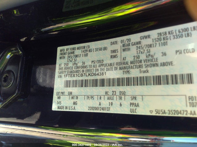 2020 FORD F-150 XL/XLT VIN: 1FTEX1CB7LKD64381