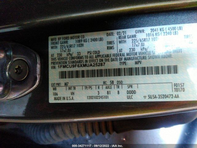 1FMCU9F6XMUA25287 Ford ESCAPE S