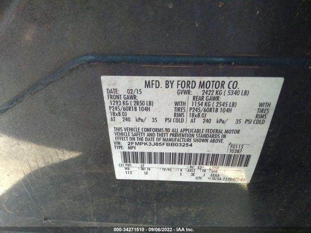 2015 FORD EDGE SEL VIN: 2FMPK3J85FBB03254