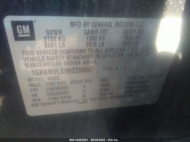 GMC ACADIA SLT 2017 1GKKNVLS9HZ208667 Image 9