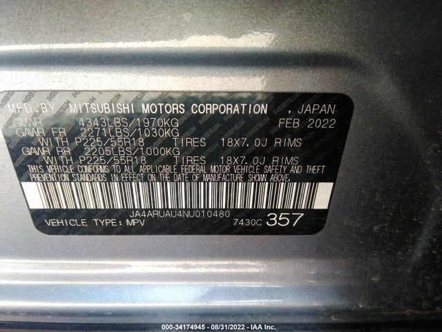 JA4ARUAU4NU010480 Mitsubishi Outlander Sport Es/le/se