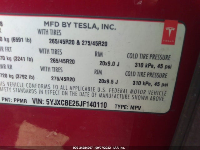 2018 Tesla Model X, VIN: 5YJXCBE25JF140110