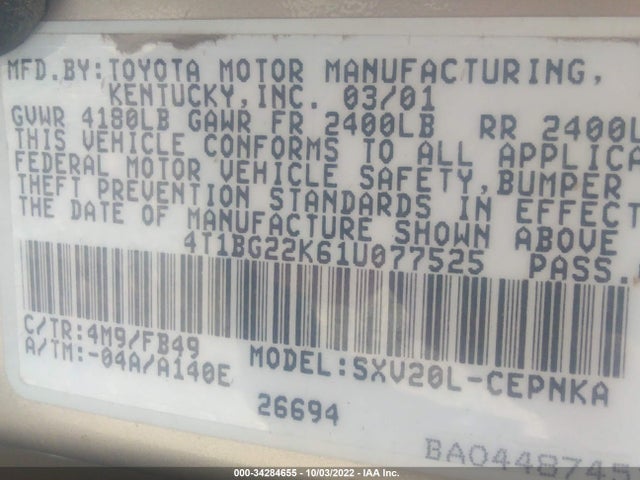 2001 TOYOTA CAMRY CE/LE/XLE VIN: 4T1BG22K61U077525