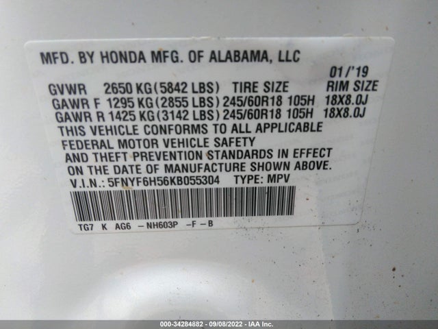 Honda Pilot Ex-l 2019 5FNYF6H56KB055304 Image 9