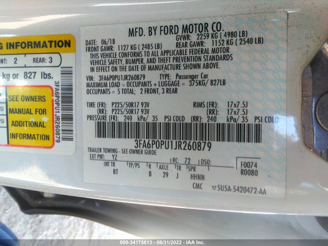 2018 Ford Fusion, VIN: 3FA6P0PU1JR260879