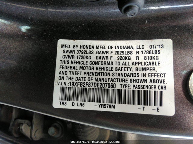 2013 HONDA CIVIC SDN EX VIN: 19XFB2F87DE207060