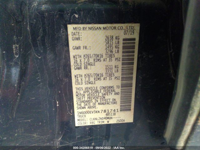 1N6DD0EV3KN781741 Nissan Frontier Sv