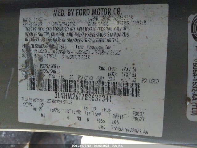 2008 LINCOLN MKZ VIN: 3LNHM26T78R631341