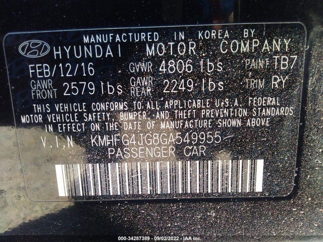 2016 Hyundai Azera, VIN: KMHFG4JG8GA549955