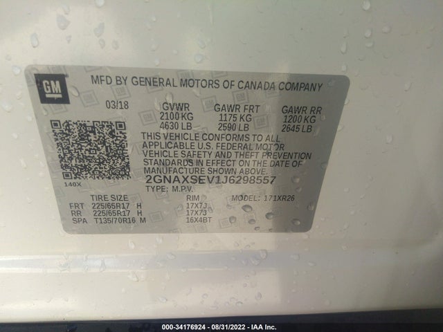 Chevrolet EQUINOX LT 2018 2GNAXSEV1J6298557 Image 10