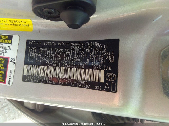 2012 TOYOTA COROLLA L/LE/S VIN: 2T1BU4EE7CC822149