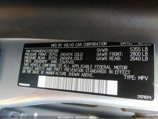 YV4940DZ4C2292309 Volvo Xc60 3.2l