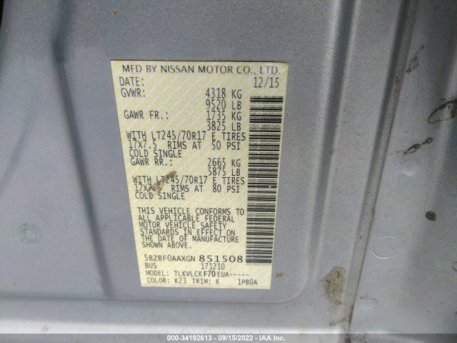 2016 Nissan NV, VIN: 5BZBF0AAXGN851508